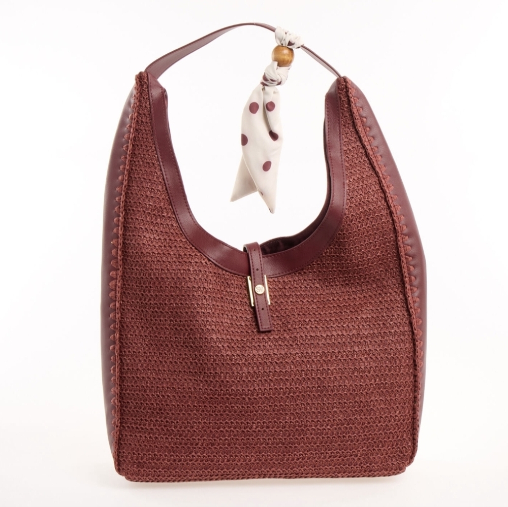 Steve Madden Burgundy Woven Hobo Shoulder Bag with Scarf Accent